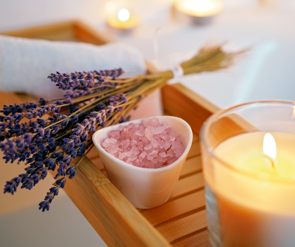 bath essentials candle, lavander and pink bath salts