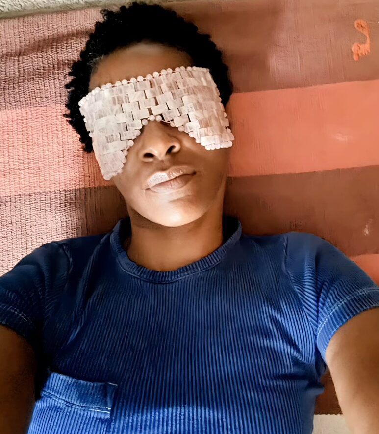 michelle wagman wearing rose quartz eye mask