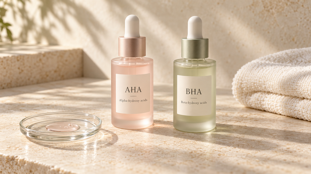 Two dropper bottles labeled “AHA—Alpha-hydroxy acids” and “BHA—Beta-hydroxy acids” beside a glass dish of serum and folded cream towels.