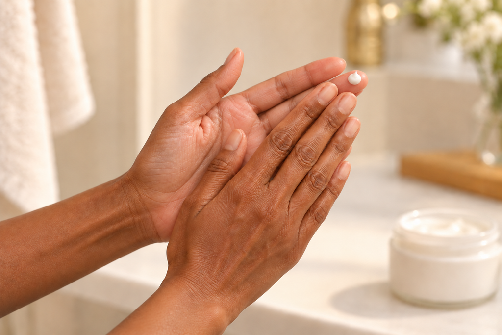 Hands gently warming a small amount of facial moisturizer between the fingertips beside an open cream jar.
