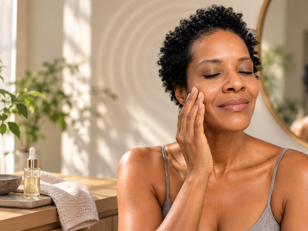 Michelle Wagman gently touching her cheek with her eyes closed during a mindful skincare ritual.