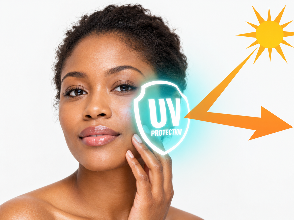 Black woman touching her cheek beside a shield labeled “UV Protection,” with an illustrated sun and an orange ray deflecting away.