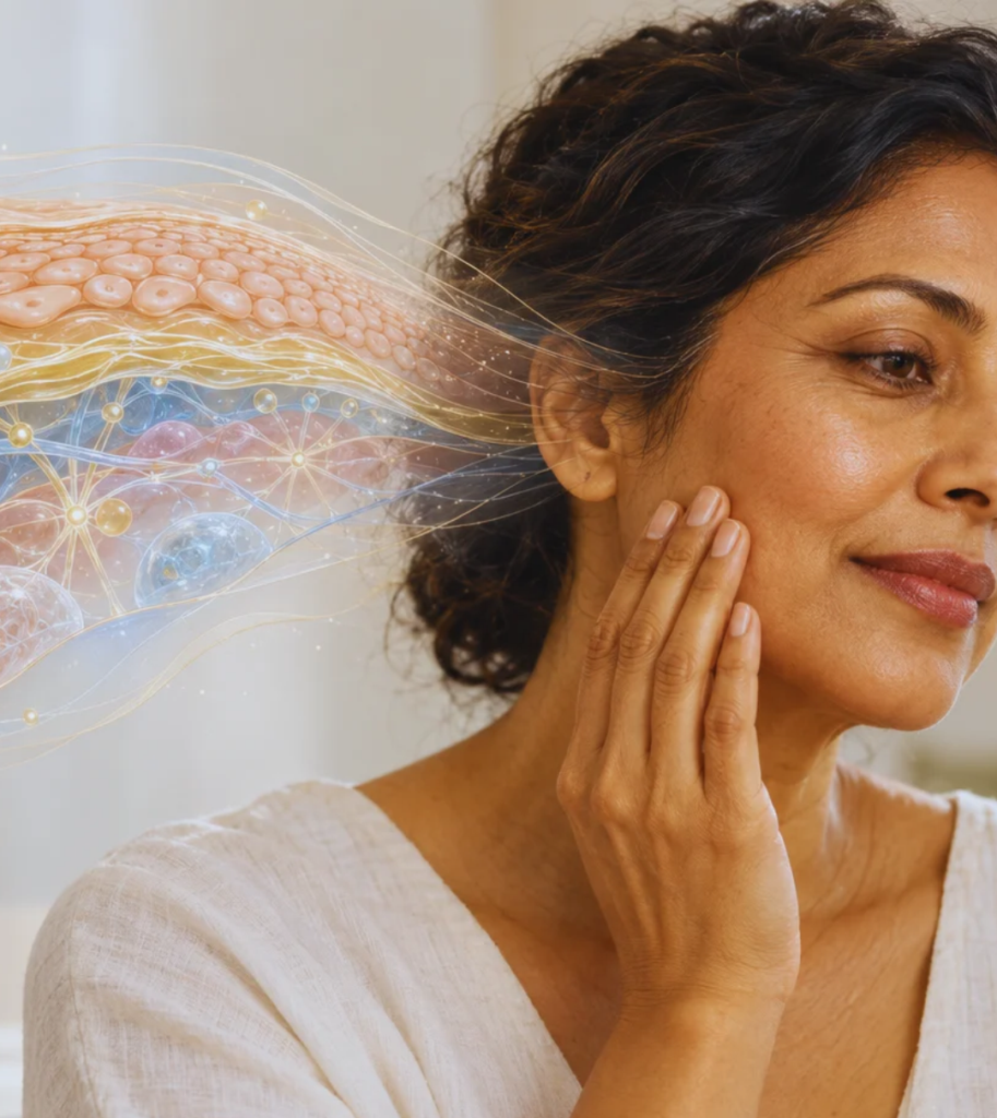 Woman gently touching her cheek beside a conceptual illustration of skin layers and interconnected cells.